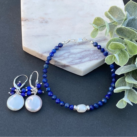 Pearl Lapis Lazuli Earrings Hoops Lever back Sterling Silver - Picture 7 of 7